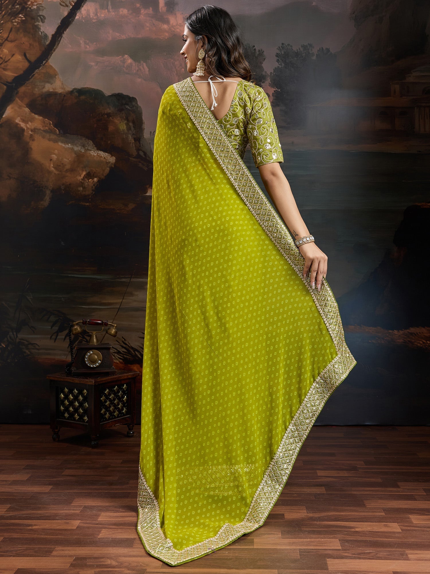Olive Chartreuse Green Bandhani Georgette Saree - Ressa