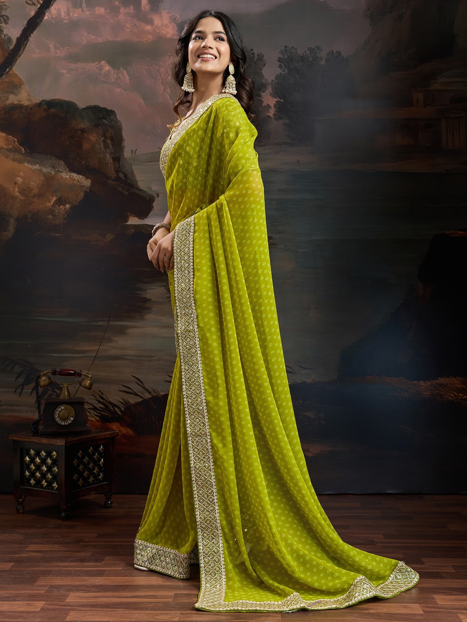 Olive Chartreuse Green Bandhani Georgette Saree - Ressa