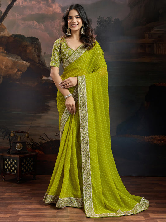 Olive Chartreuse Green Bandhani Georgette Saree - Ressa