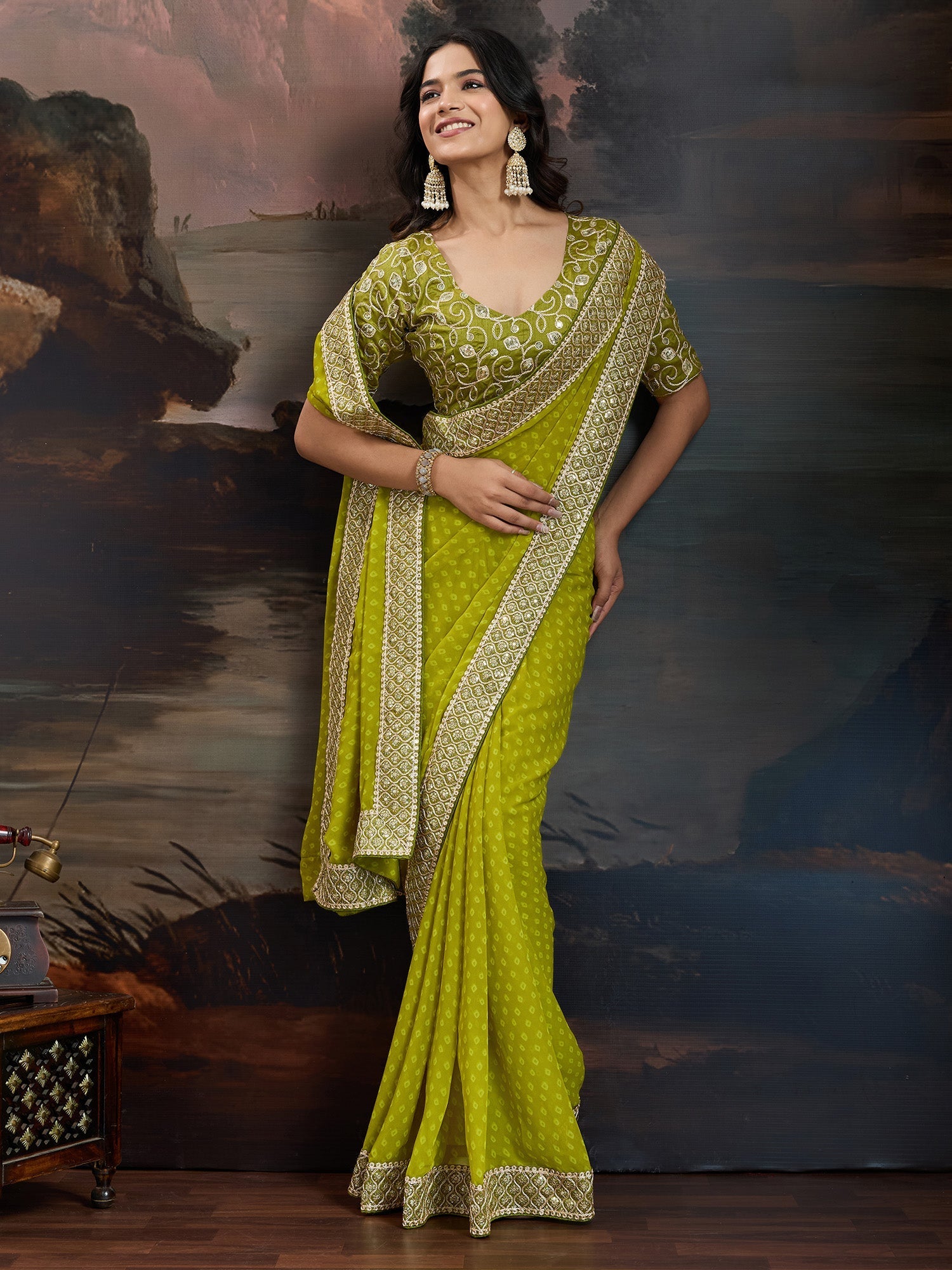 Olive Chartreuse Green Bandhani Georgette Saree - Ressa