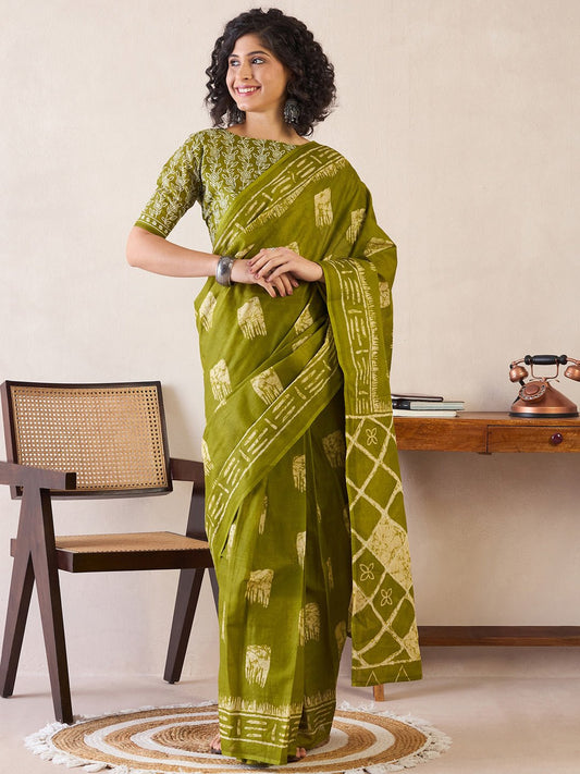 Olive Cotton Batik Printed Saree - Ressa