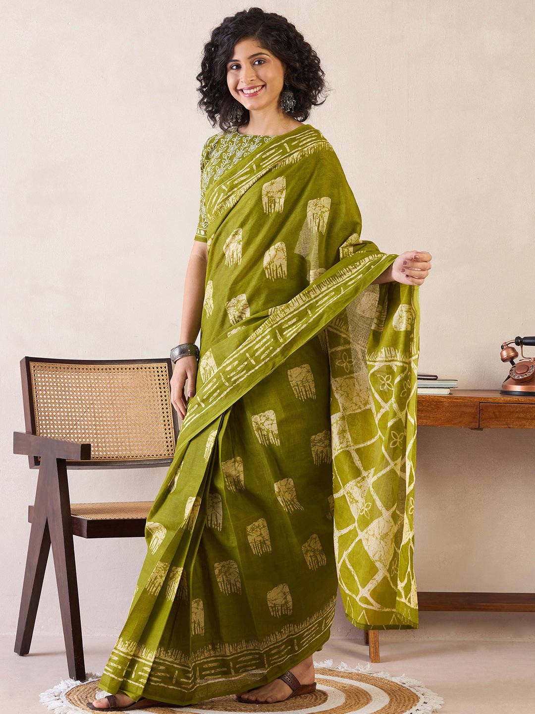 Olive Cotton Batik Printed Saree - Ressa