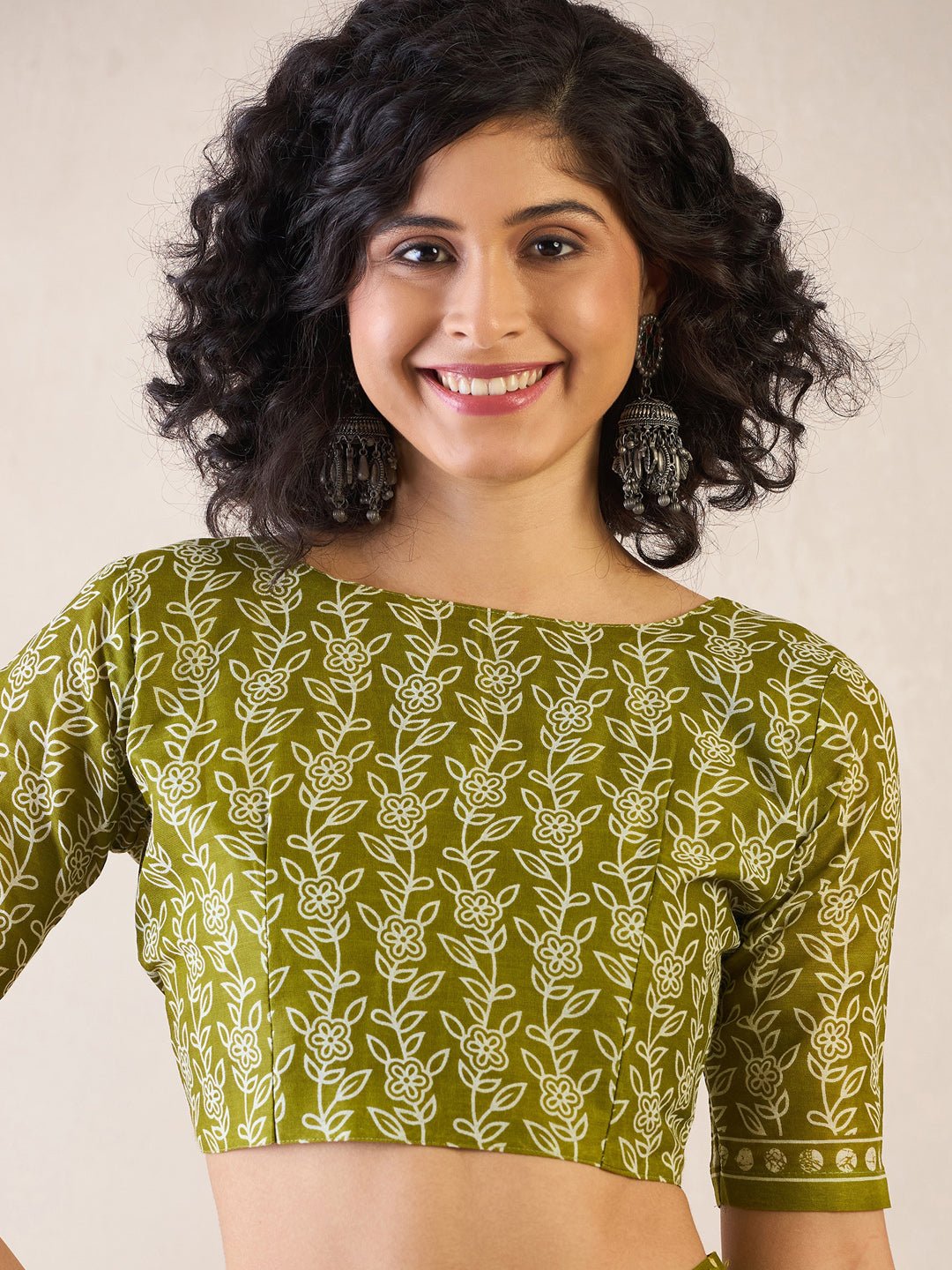 Olive Cotton Batik Printed Saree - Ressa