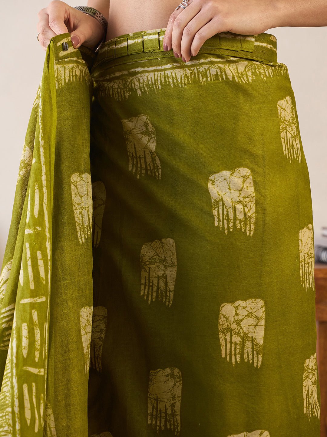 Olive Cotton Batik Printed Saree - Ressa