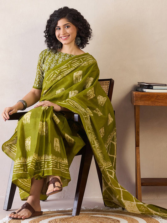Olive Cotton Batik Printed Saree - Ressa