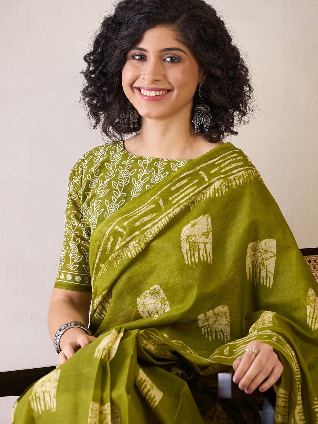 Olive Cotton Batik Printed Saree - Ressa