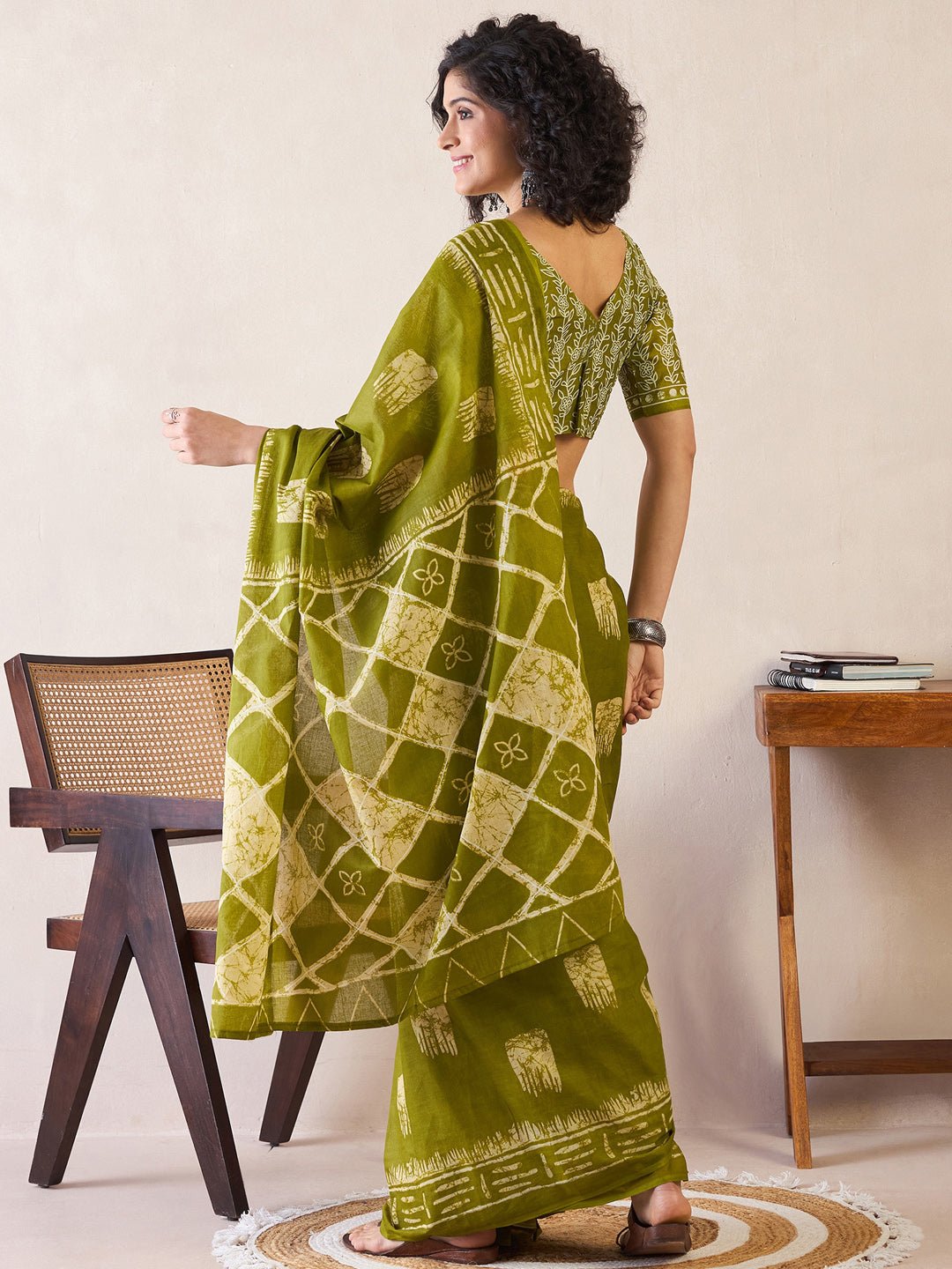 Olive Cotton Batik Printed Saree - Ressa