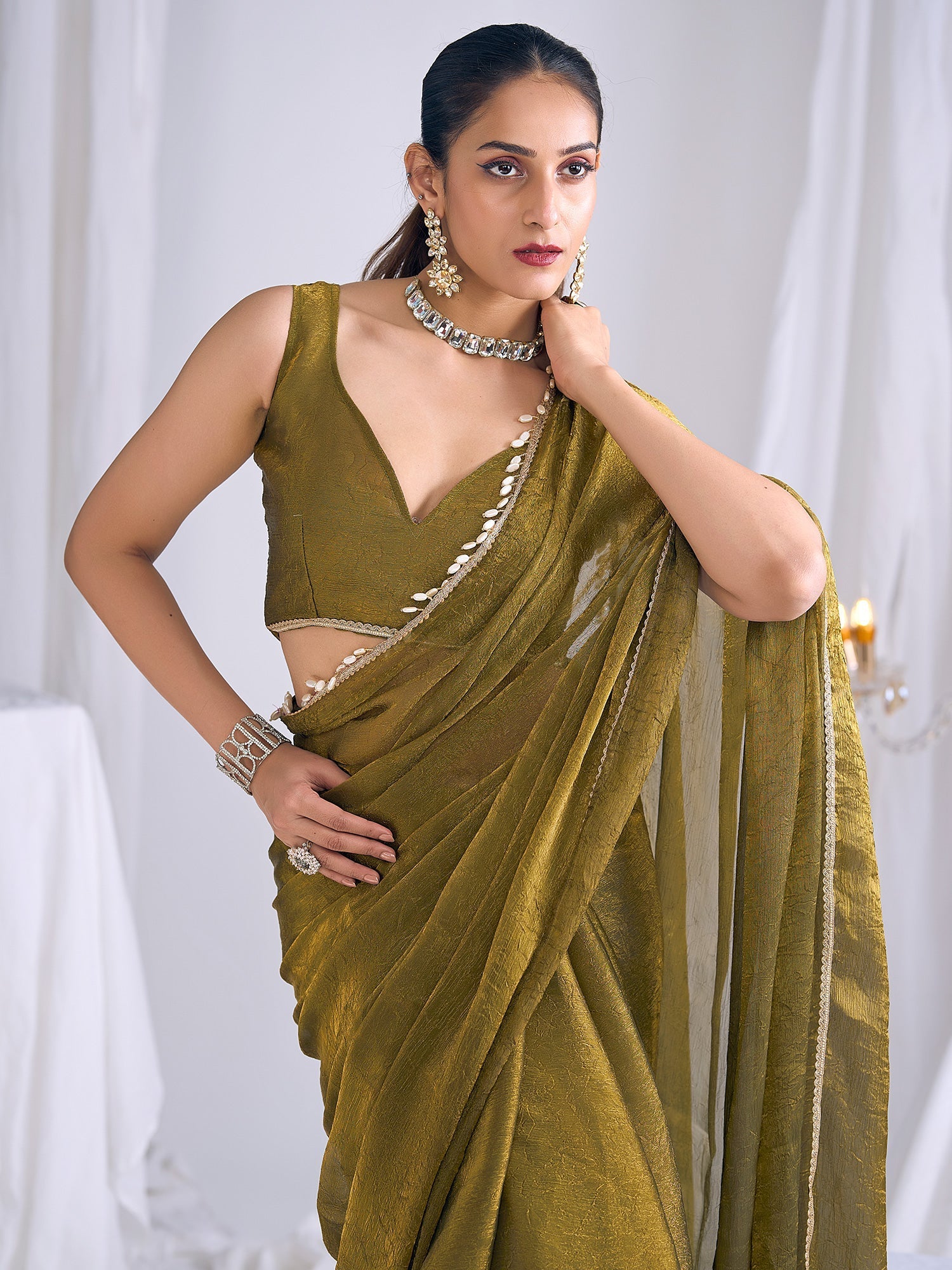 Olive Gold Tissue Saree with Shell Border & Blouse - Ressa