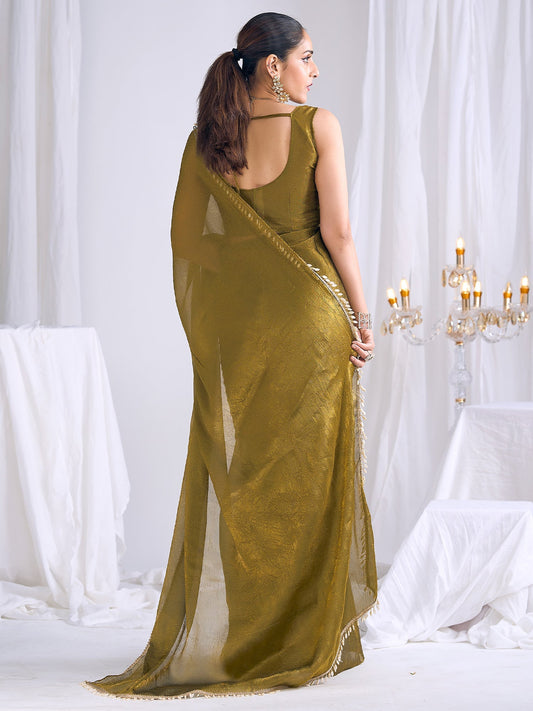Olive Gold Tissue Saree with Shell Border & Blouse - Ressa