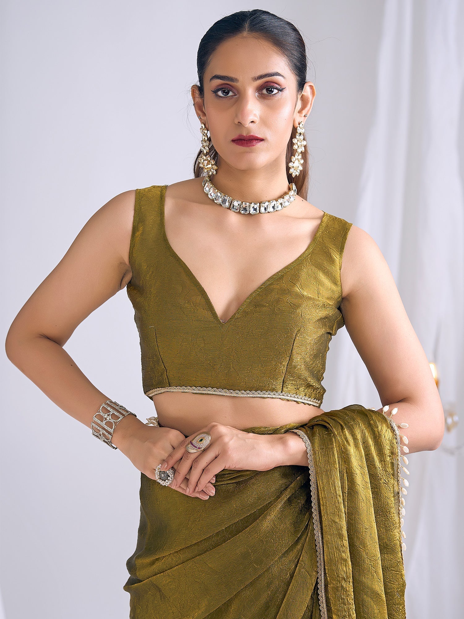 Olive Gold Tissue Saree with Shell Border & Blouse - Ressa