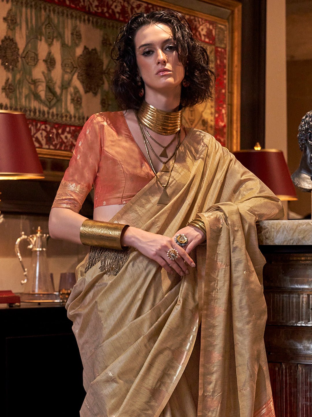 Olive Gold Tissue Silk Saree - Ressa