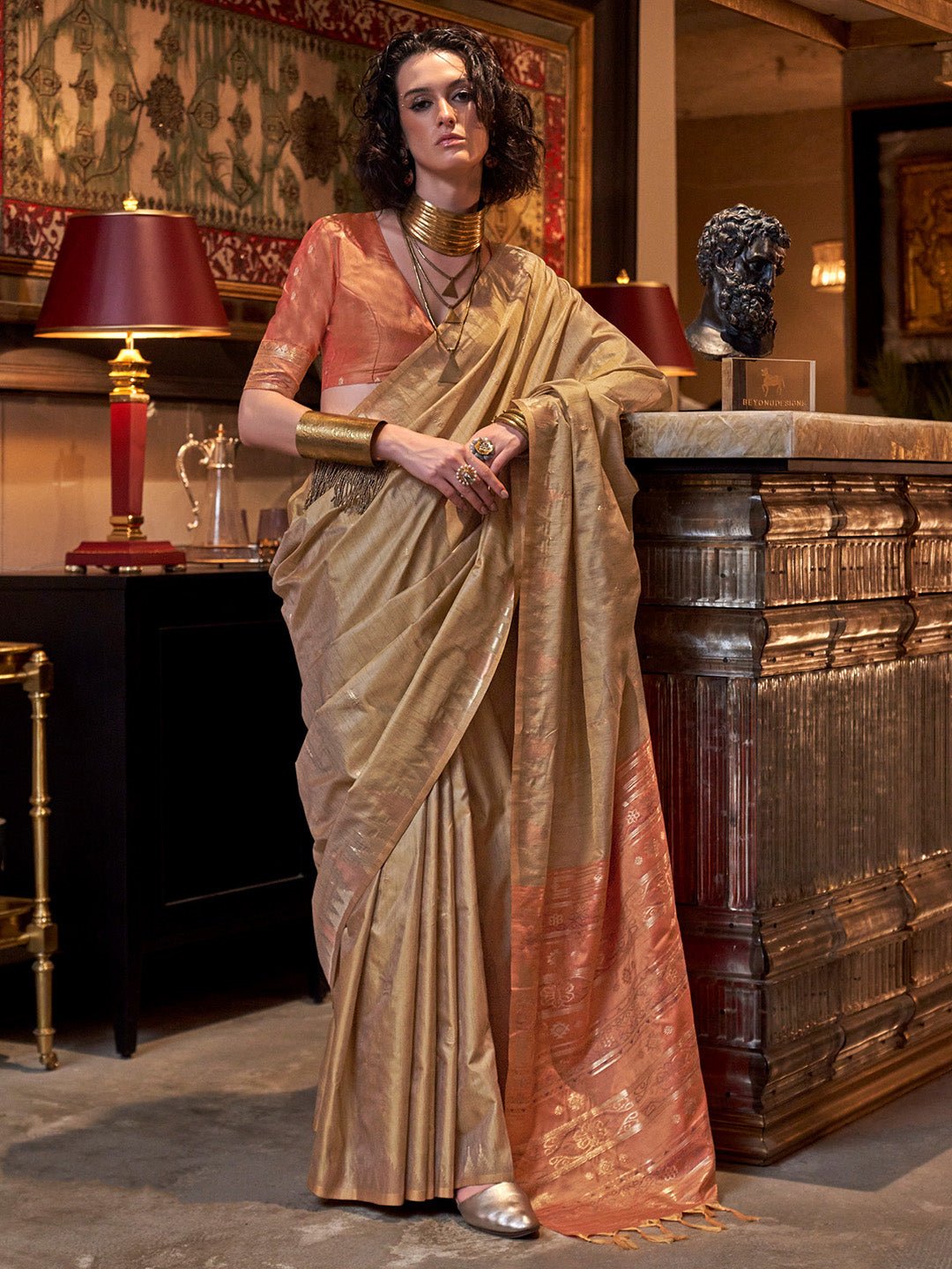 Olive Gold Tissue Silk Saree - Ressa