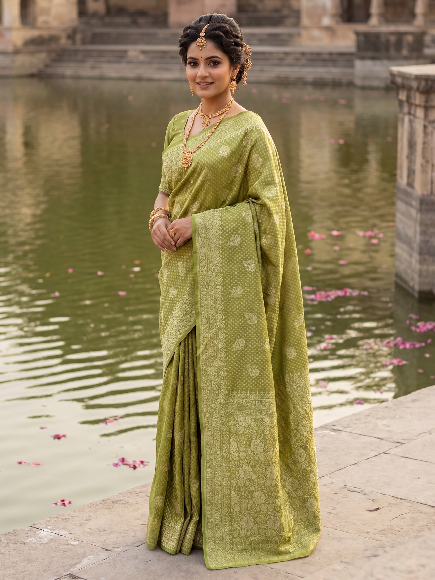 Olive Green Banarasi Silk Saree - Ressa