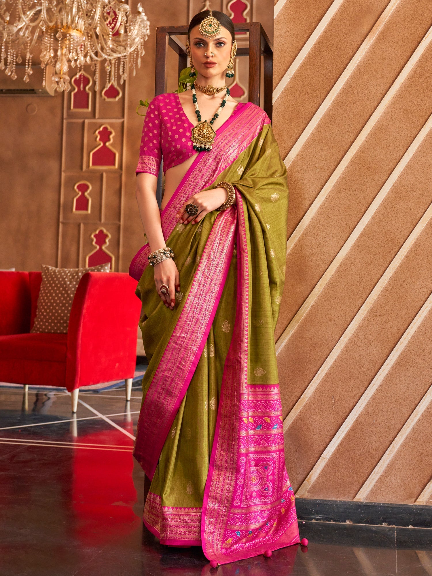 Olive Green Banarasi Silk Saree - Ressa