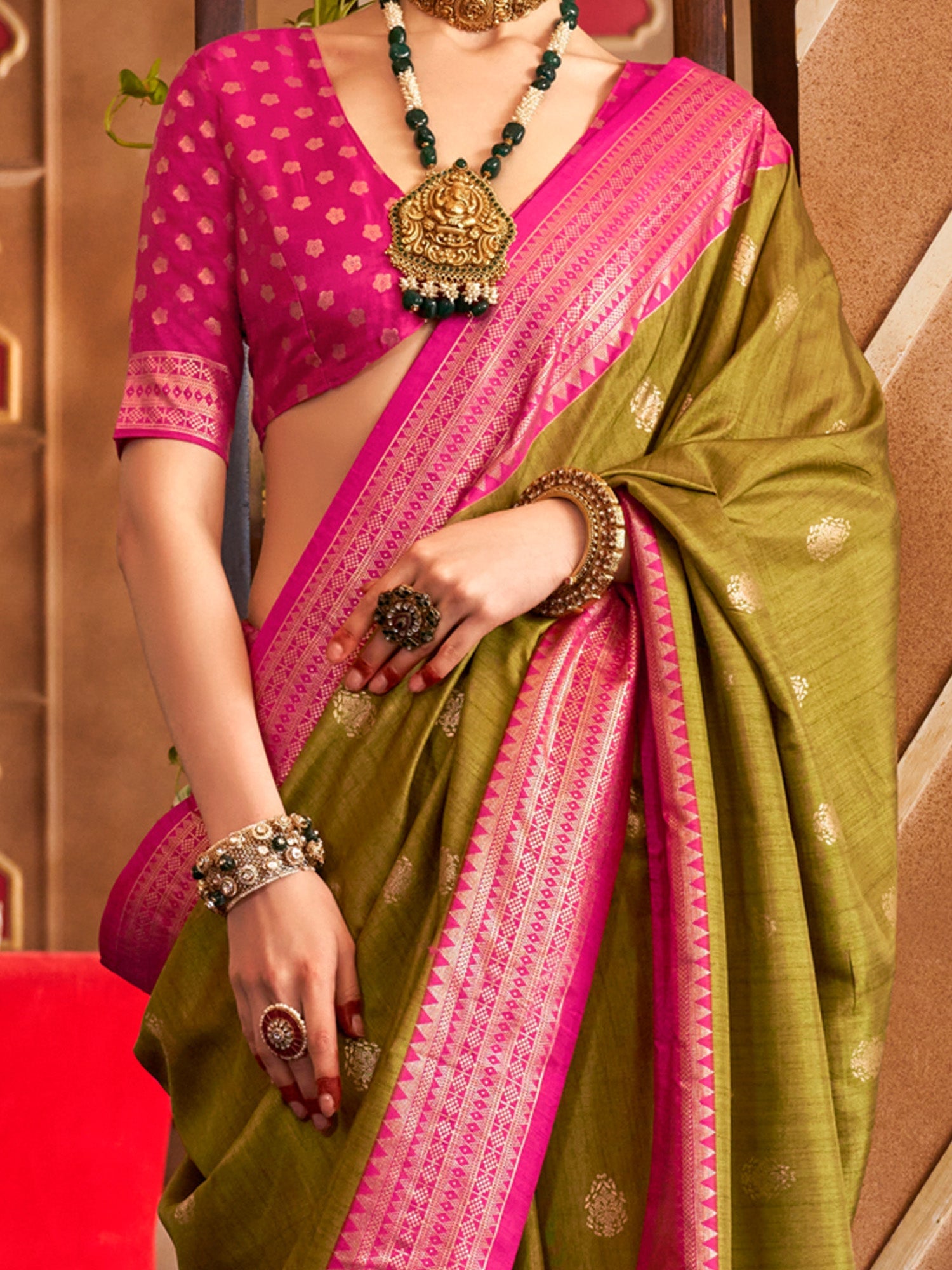 Olive Green Banarasi Silk Saree - Ressa