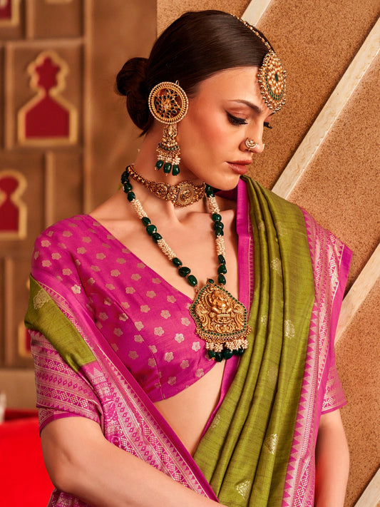 Olive Green Banarasi Silk Saree - Ressa