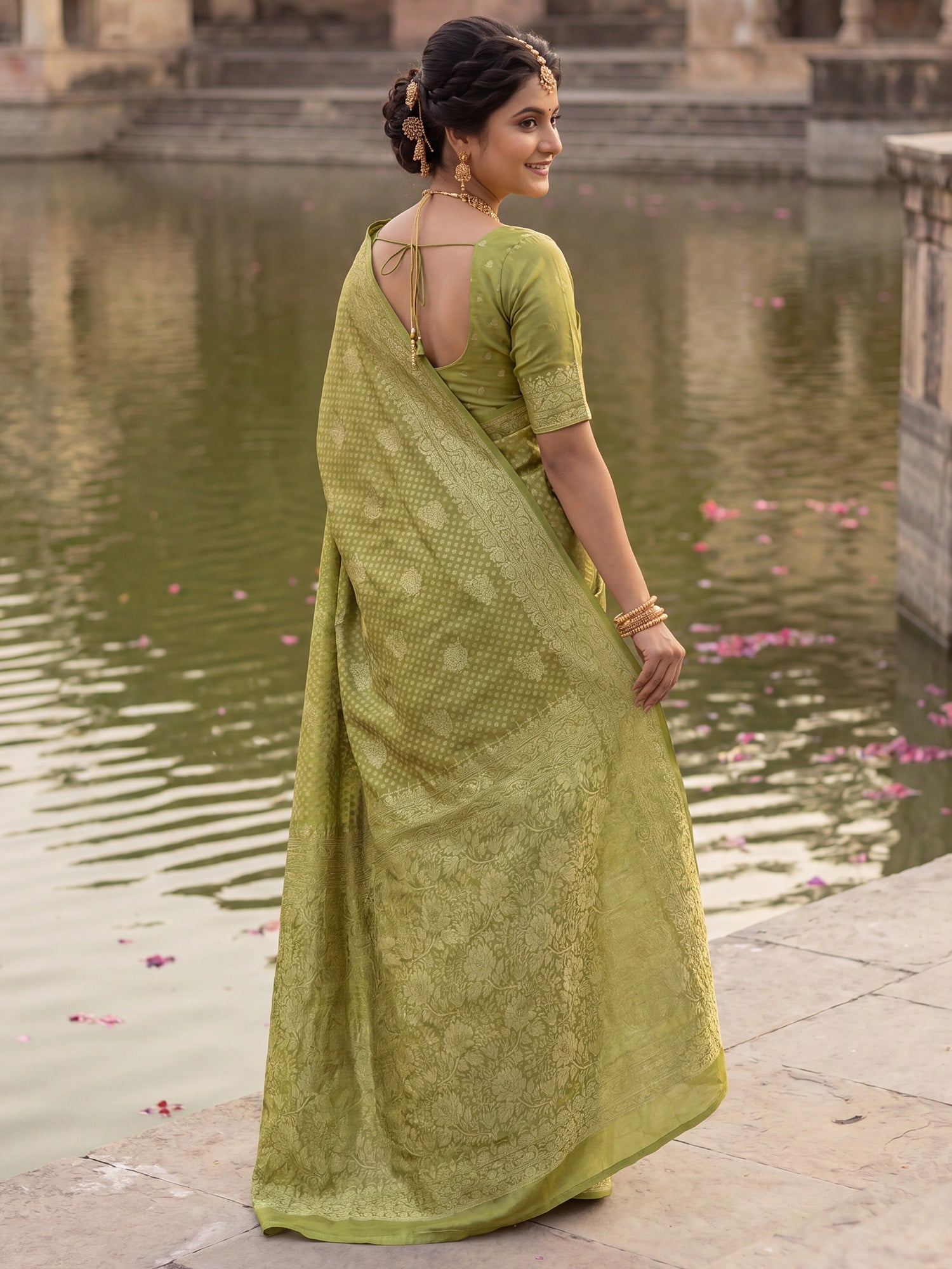 Olive Green Banarasi Silk Saree - Ressa