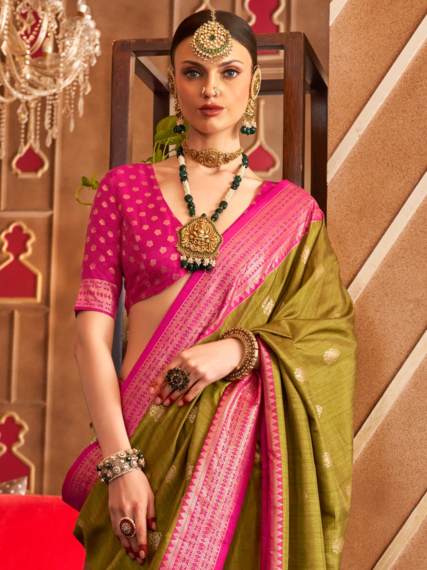 Olive Green Banarasi Silk Saree - Ressa
