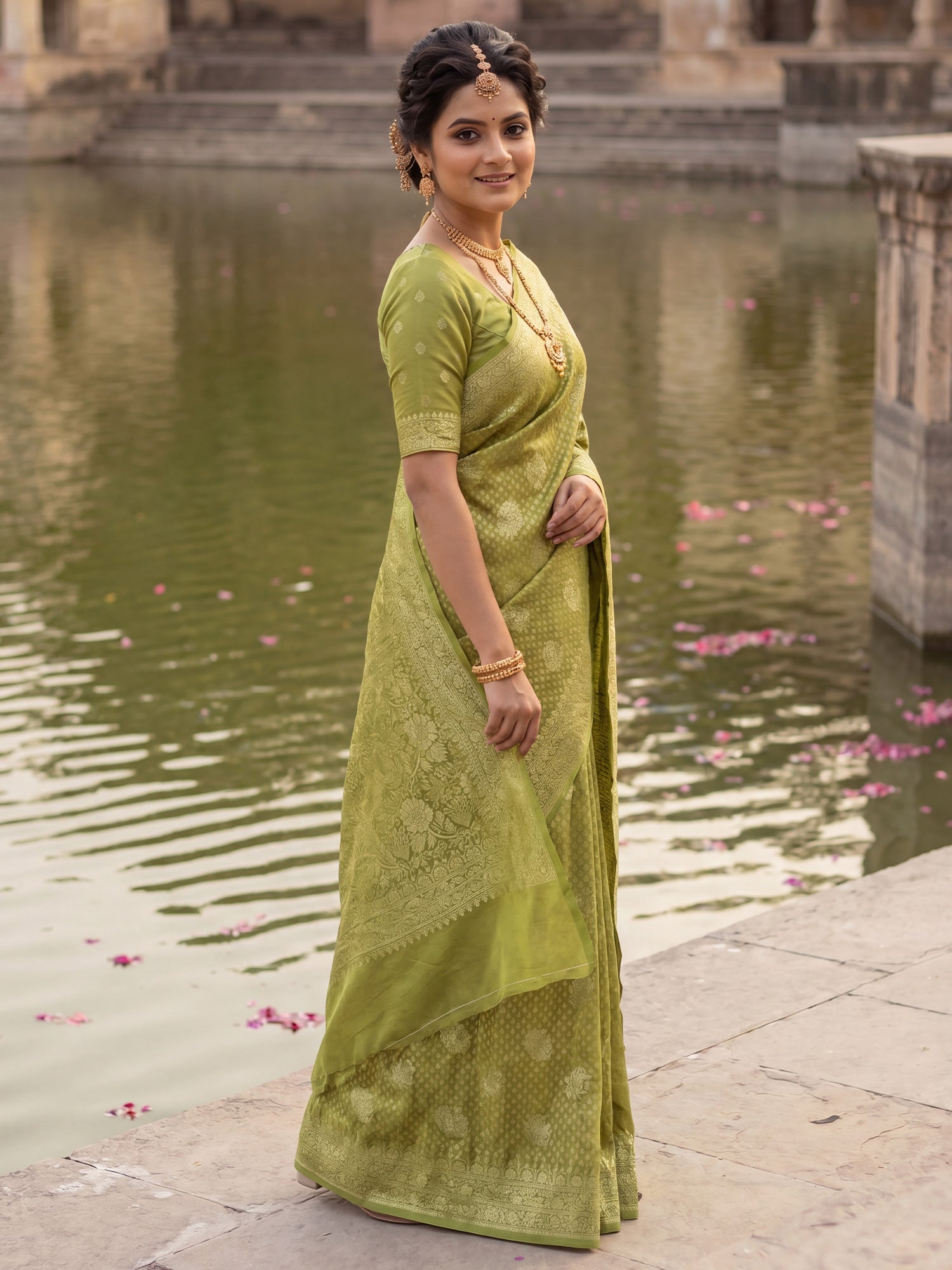 Olive Green Banarasi Silk Saree - Ressa