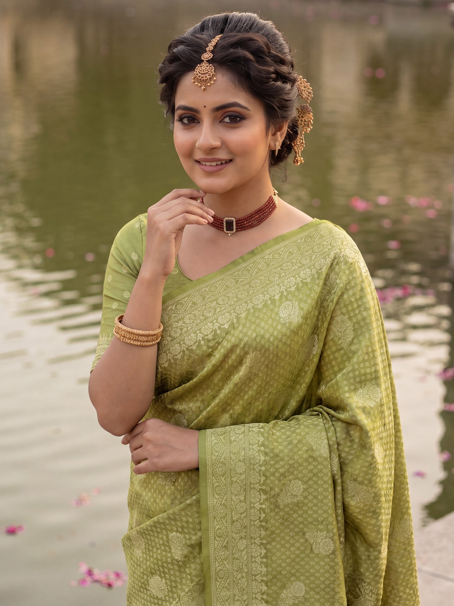 Olive Green Banarasi Silk Saree - Ressa