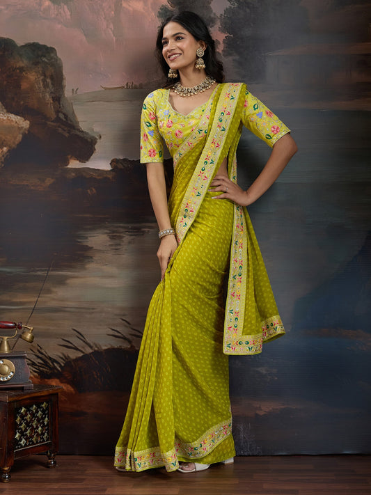 Olive Green Bandhani Georgette Saree - Ressa