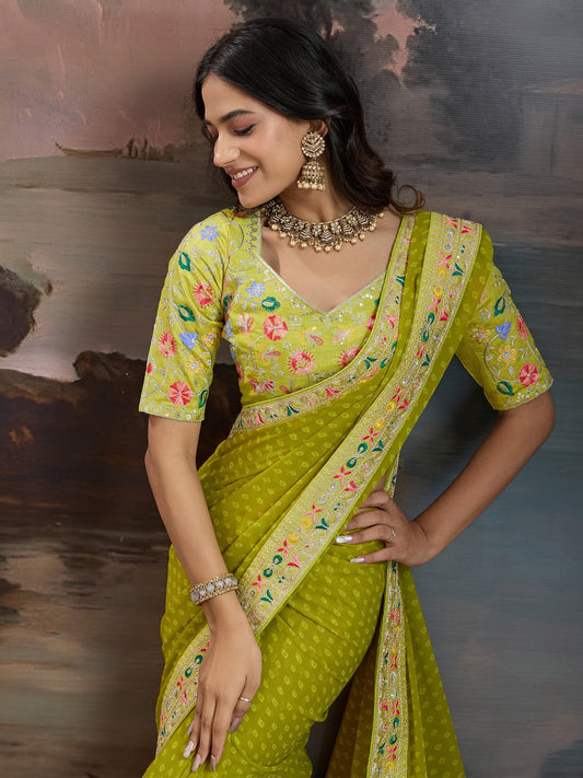 Olive Green Bandhani Georgette Saree - Ressa