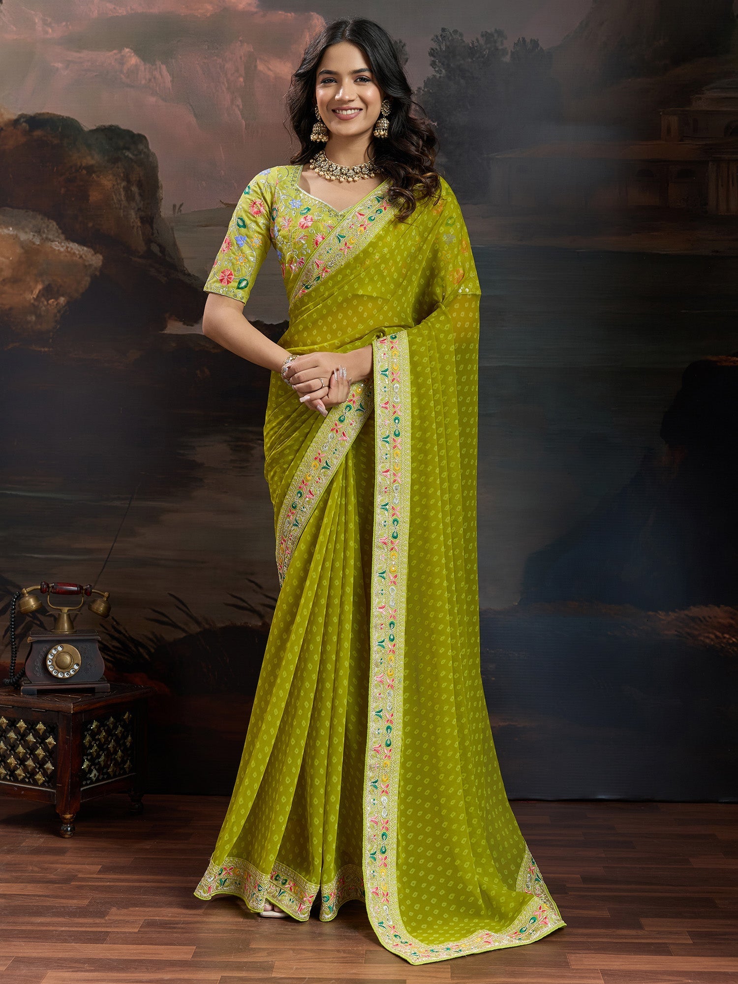 Olive Green Bandhani Georgette Saree - Ressa