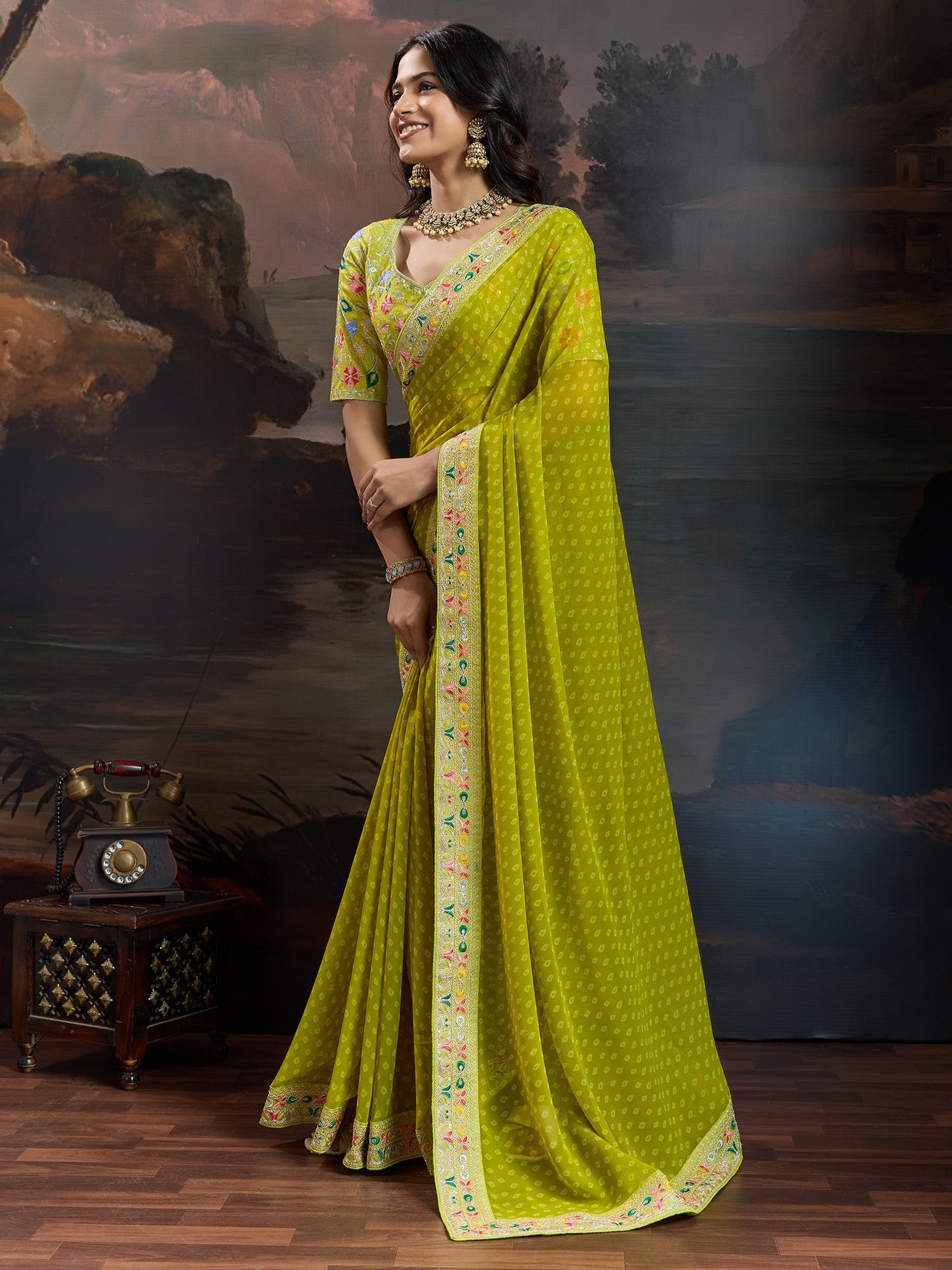 Olive Green Bandhani Georgette Saree - Ressa