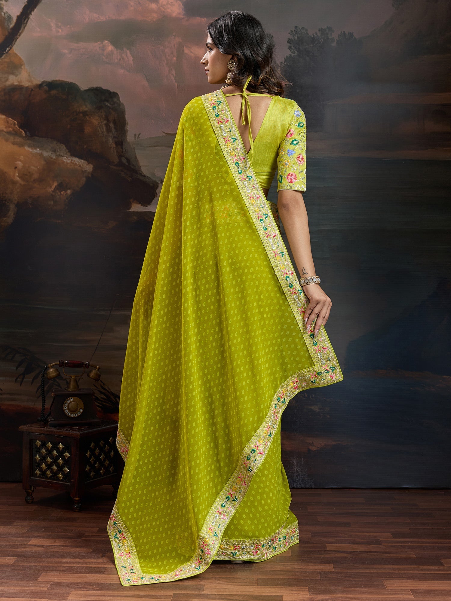 Olive Green Bandhani Georgette Saree - Ressa