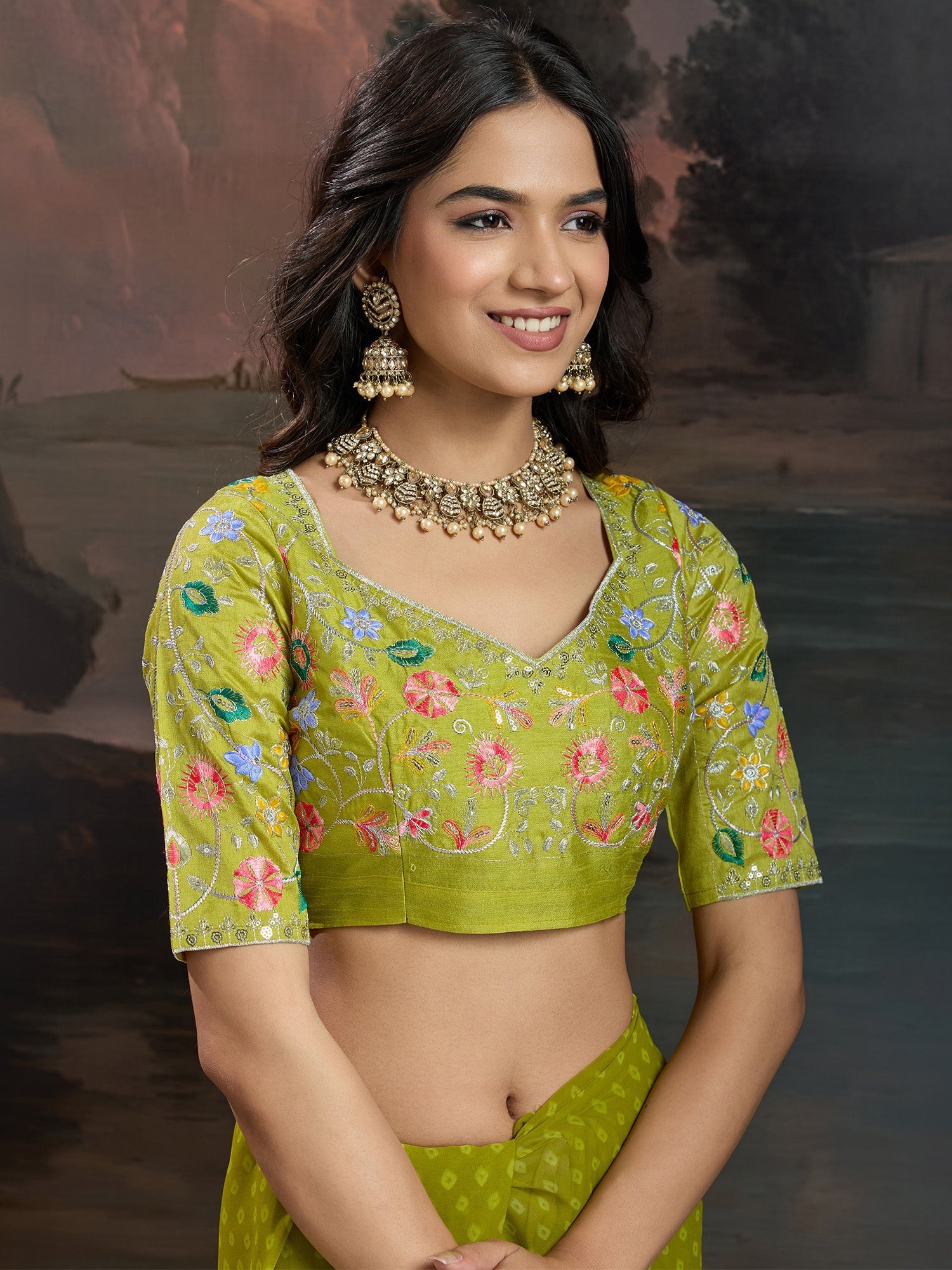 Olive Green Bandhani Georgette Saree - Ressa