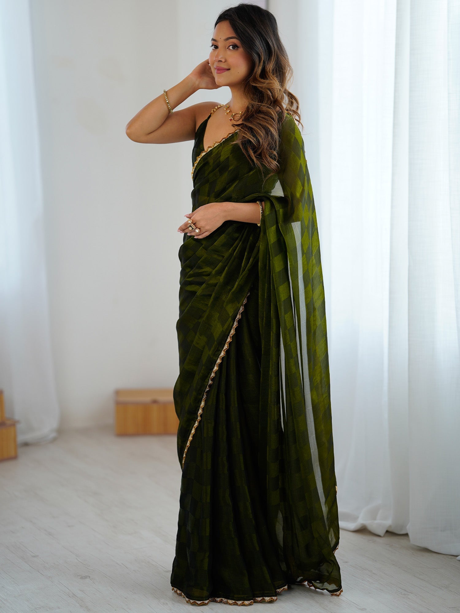Olive Green Chiffon Saree - Ressa