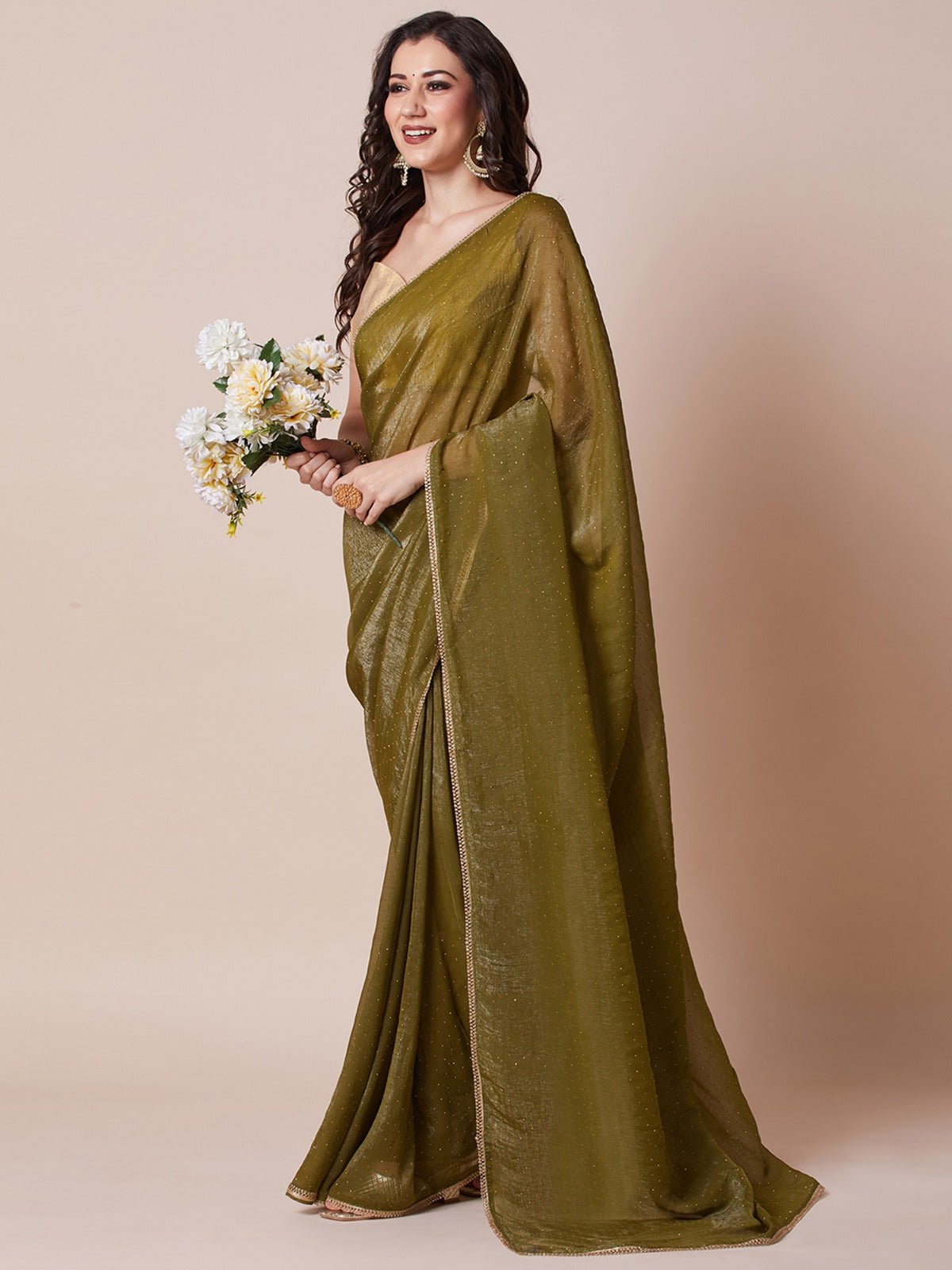 Olive Green Chiffon Saree - Ressa