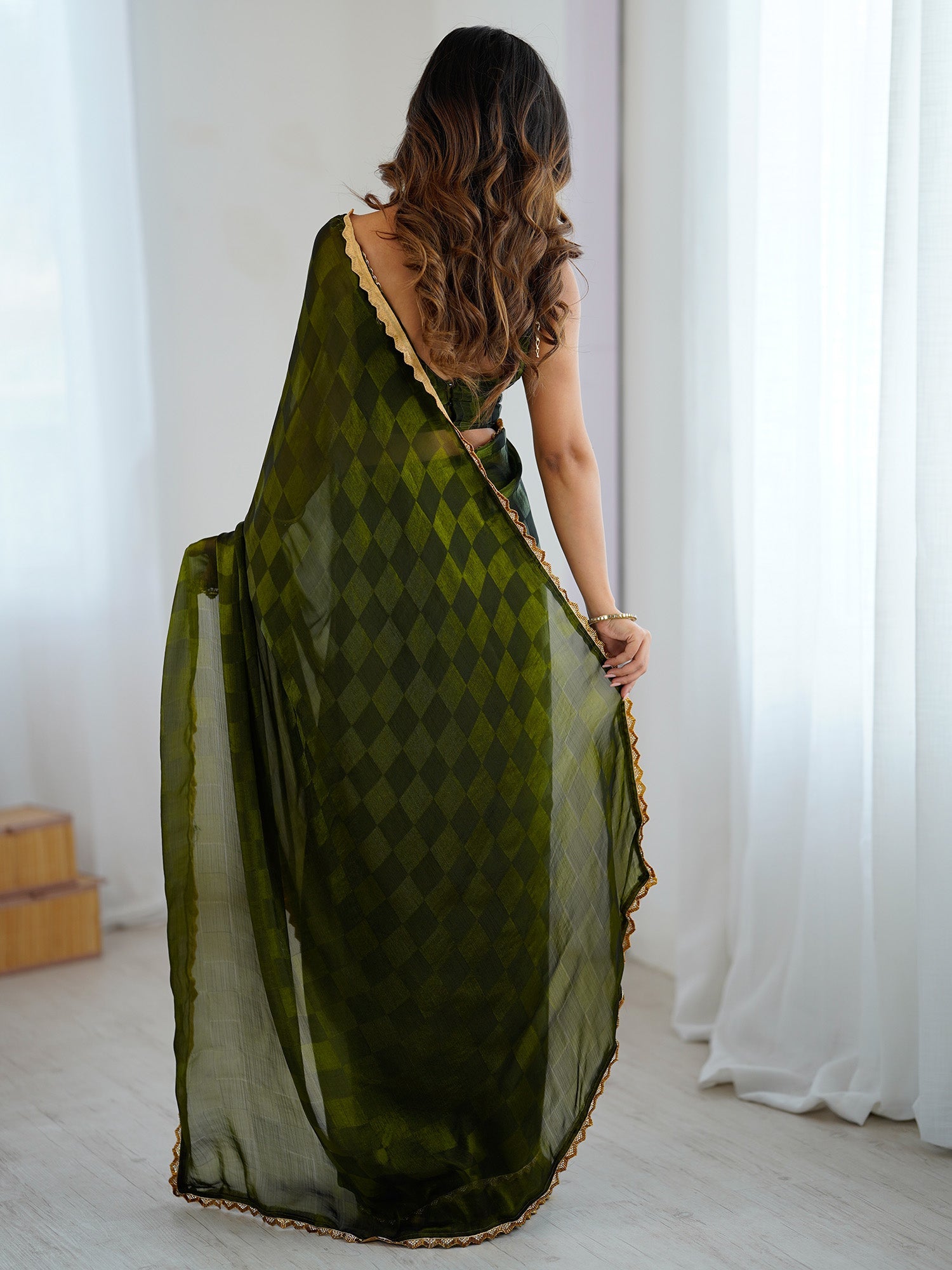 Olive Green Chiffon Saree - Ressa