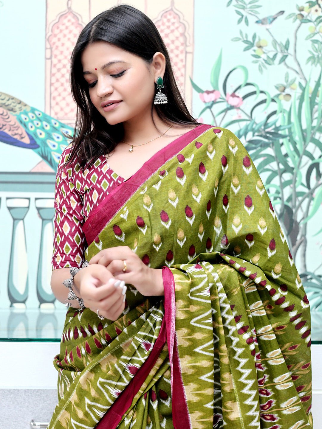 Olive Green Cotton Ikkat Printed Saree - Ressa
