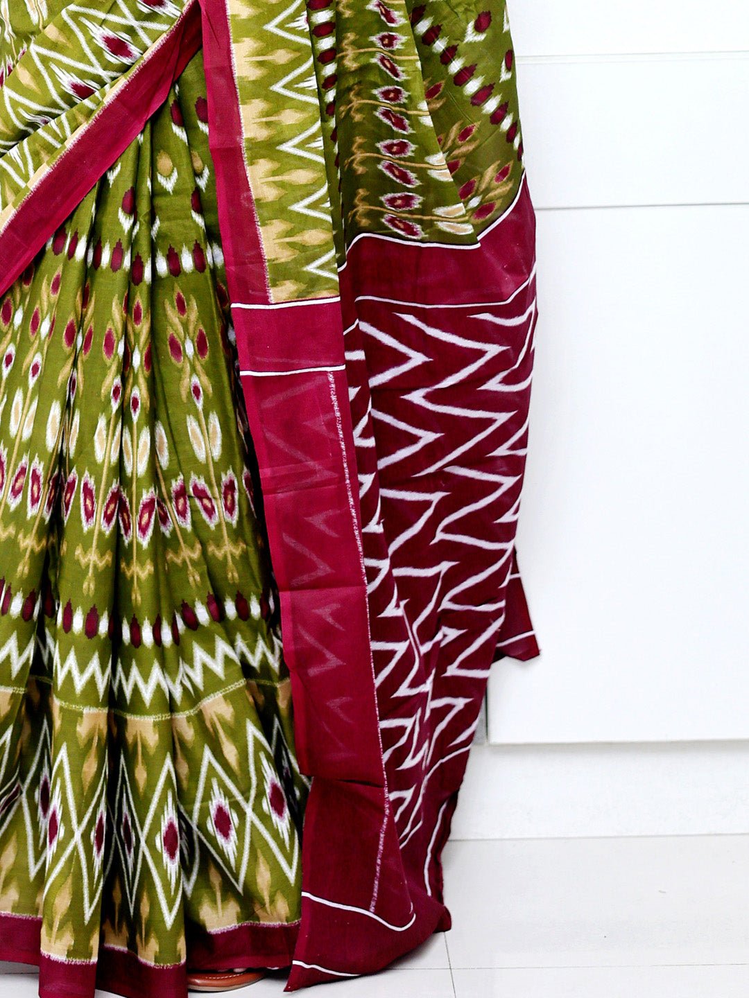 Olive Green Cotton Ikkat Printed Saree - Ressa