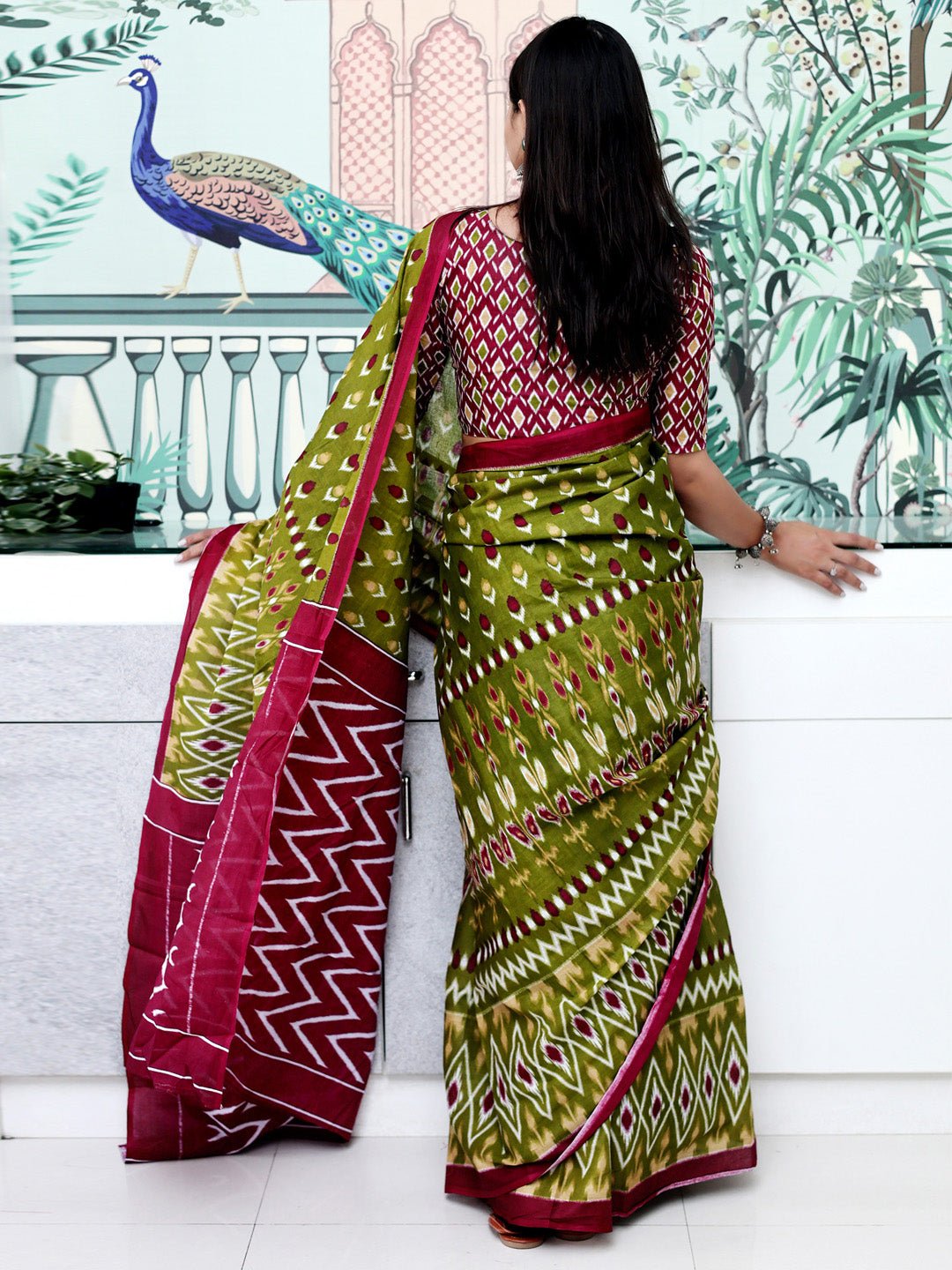 Olive Green Cotton Ikkat Printed Saree - Ressa
