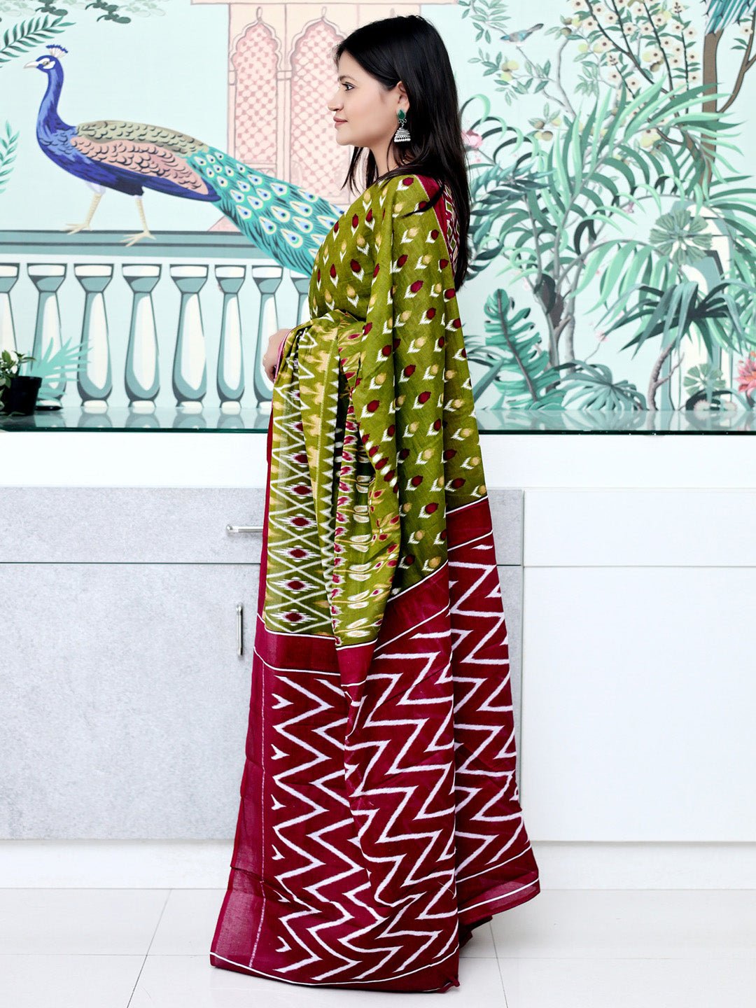 Olive Green Cotton Ikkat Printed Saree - Ressa