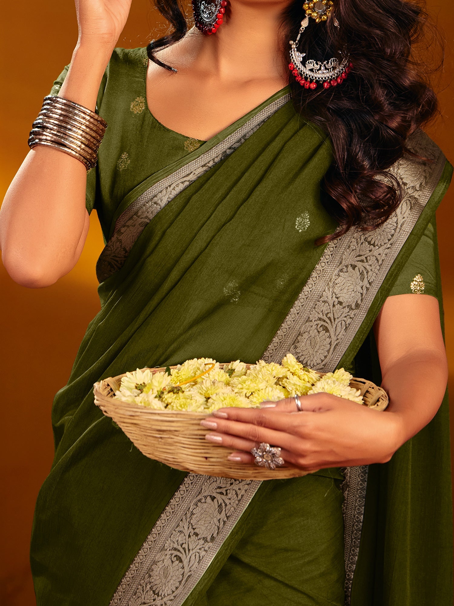 Olive Green Dola Silk Saree with Zari Border - Ressa