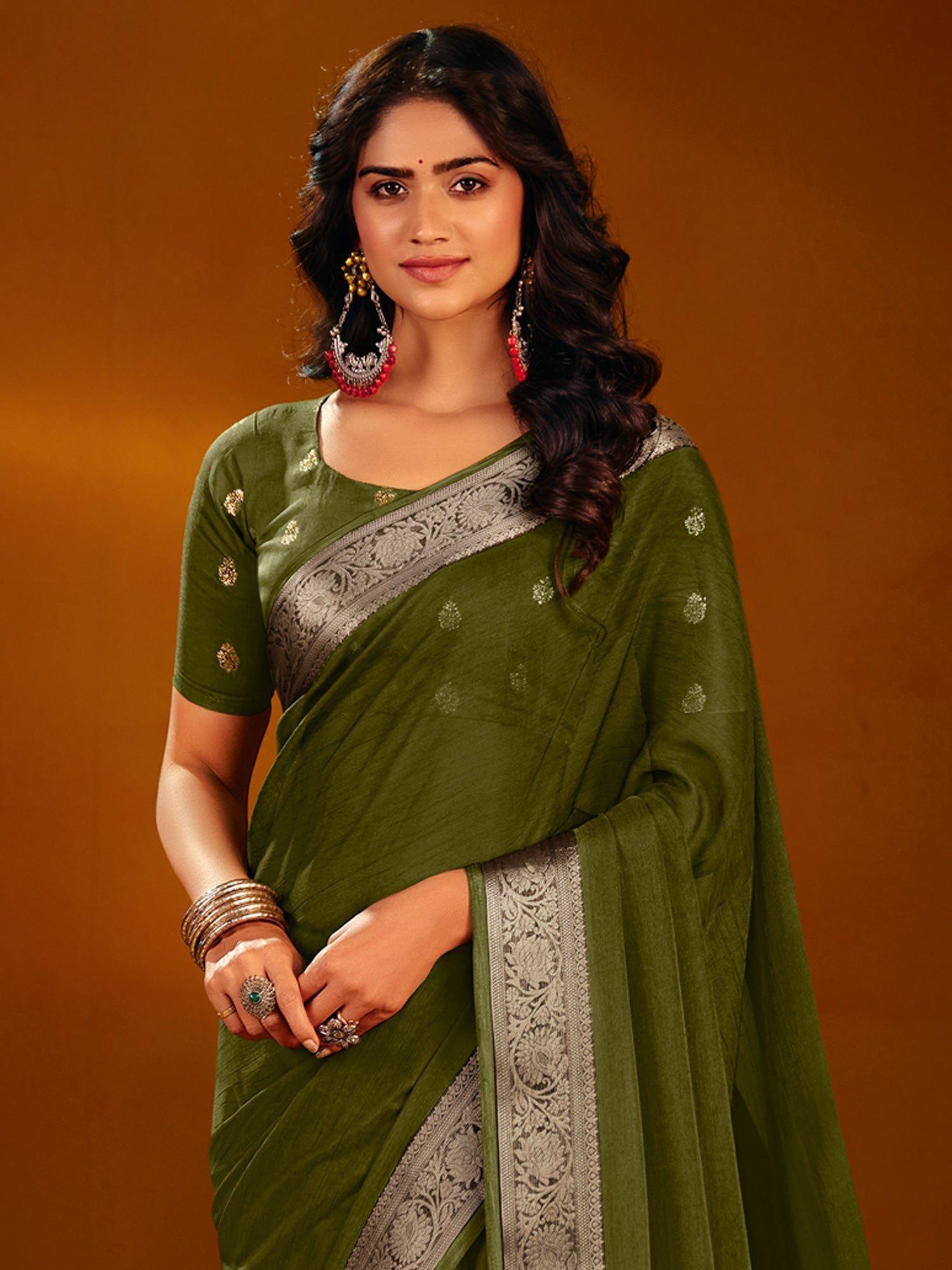 Olive Green Dola Silk Saree with Zari Border - Ressa