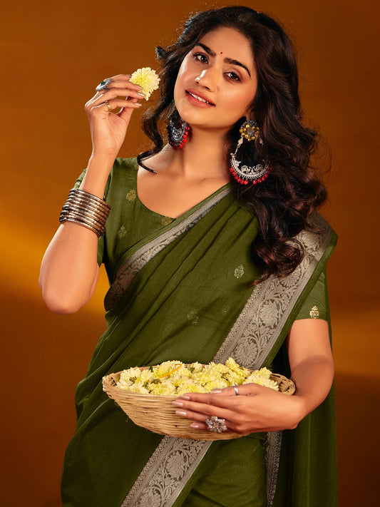 Olive Green Dola Silk Saree with Zari Border - Ressa