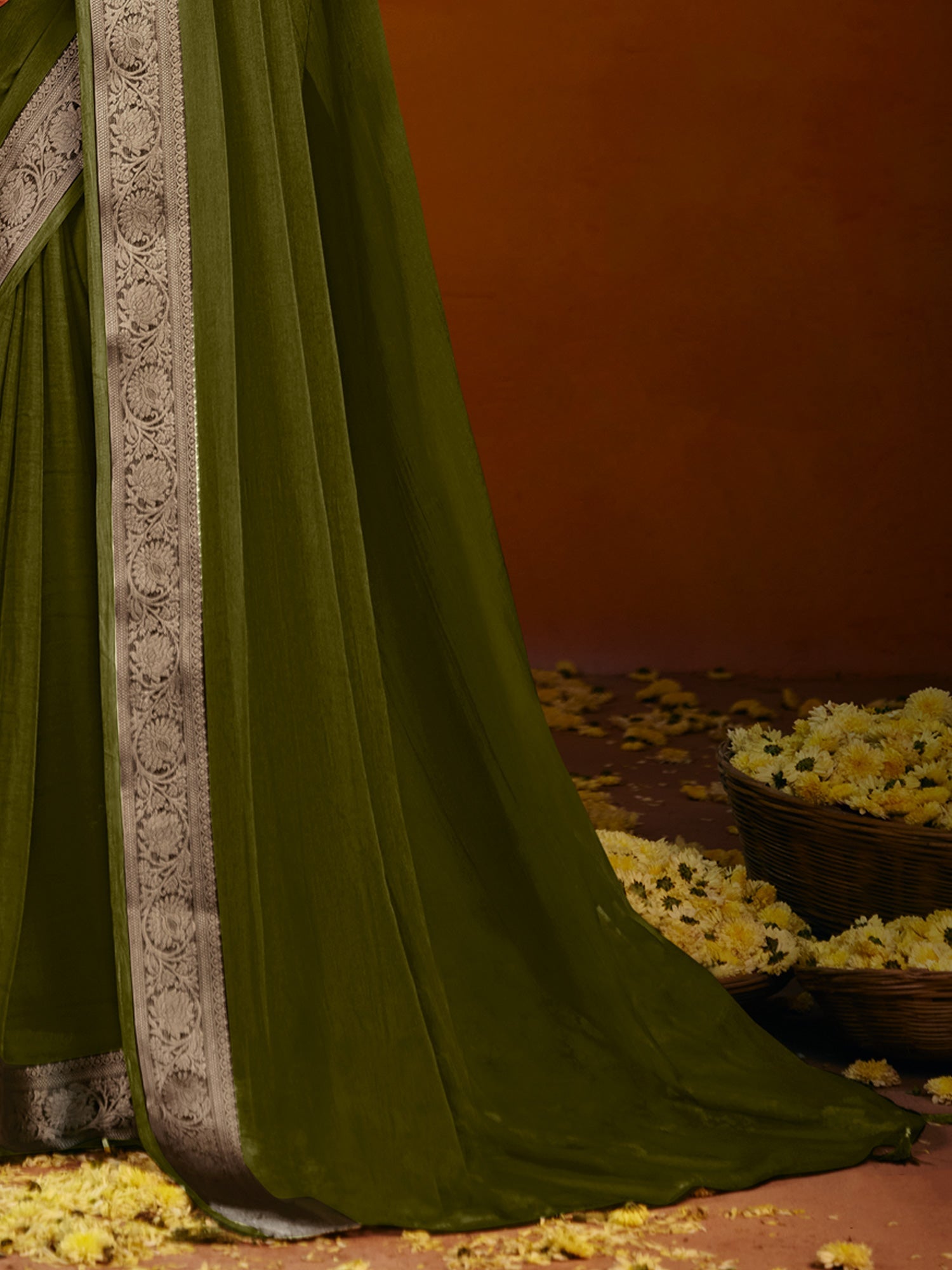 Olive Green Dola Silk Saree with Zari Border - Ressa