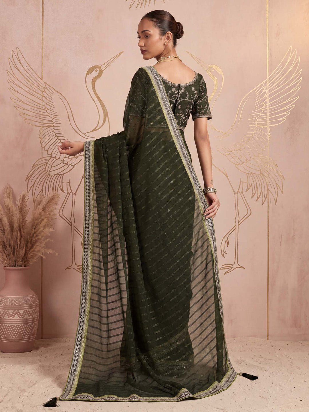 Olive green embellished with sequin work - Ressa