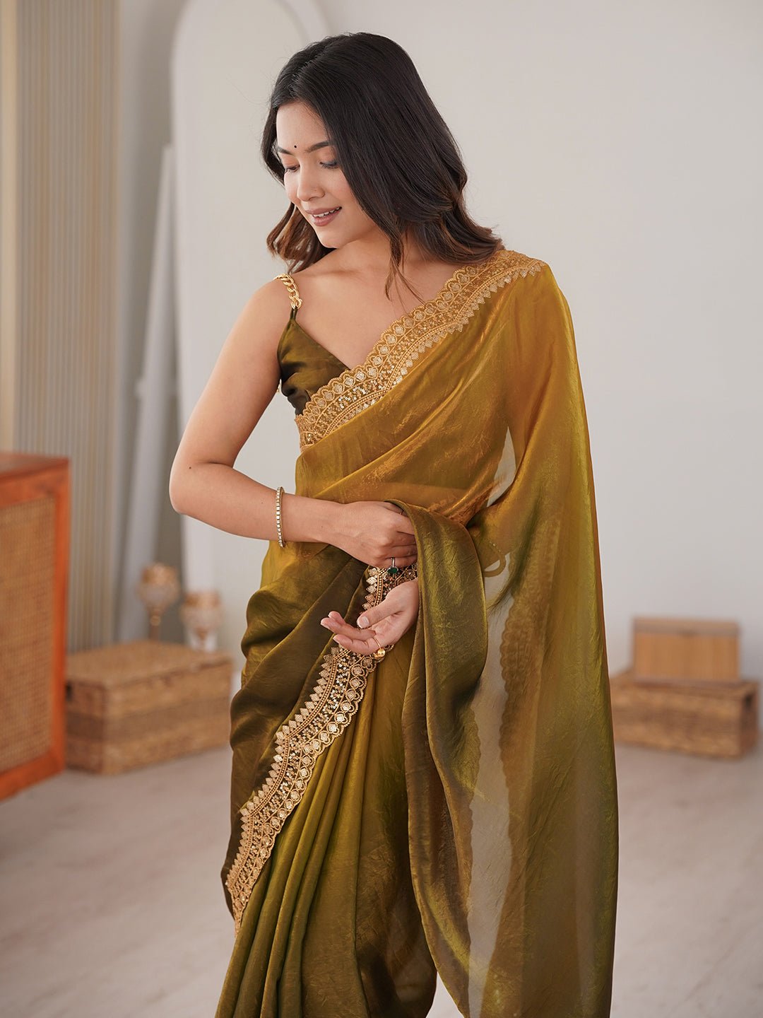Olive Green Emblished Satin Saree - Ressa