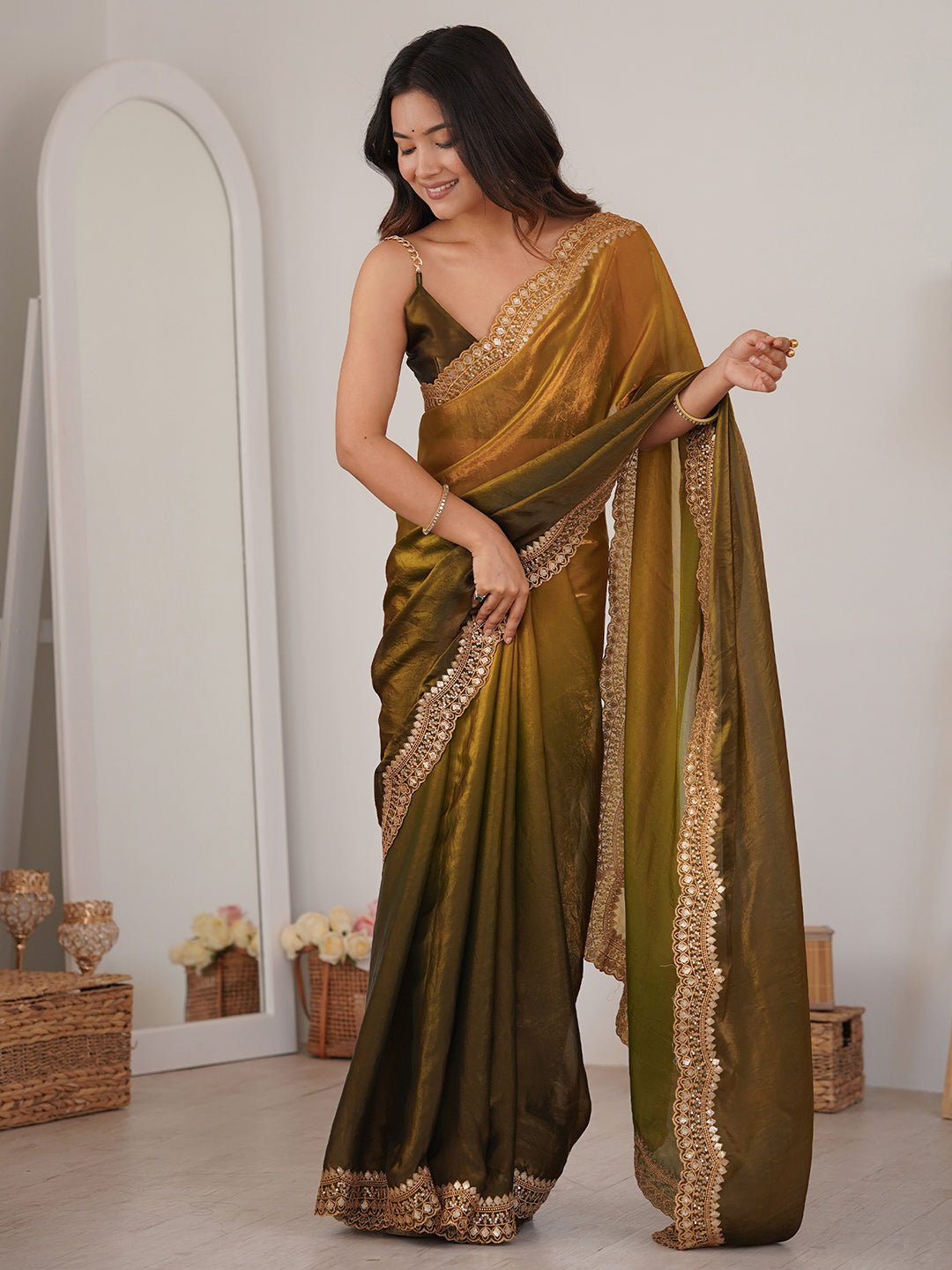 Olive Green Emblished Satin Saree - Ressa