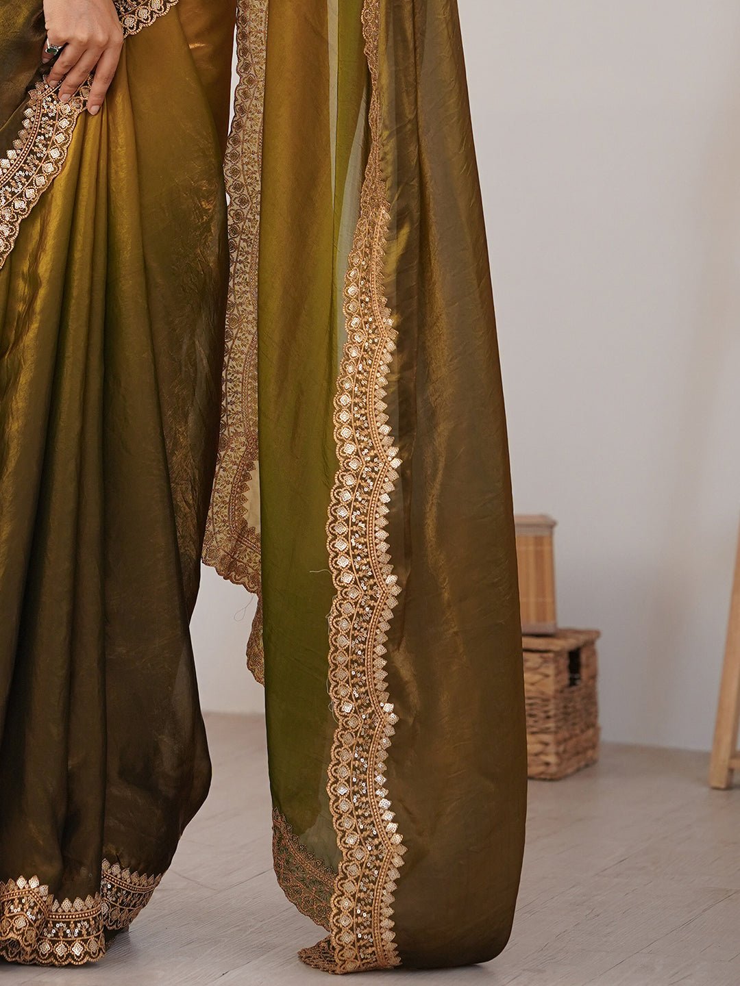 Olive Green Emblished Satin Saree - Ressa