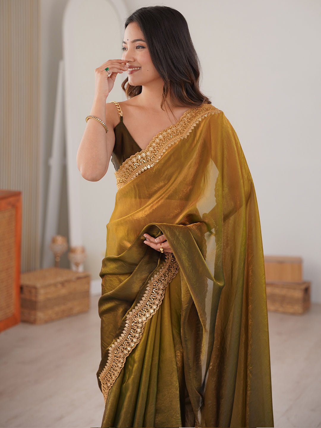 Olive Green Emblished Satin Saree - Ressa