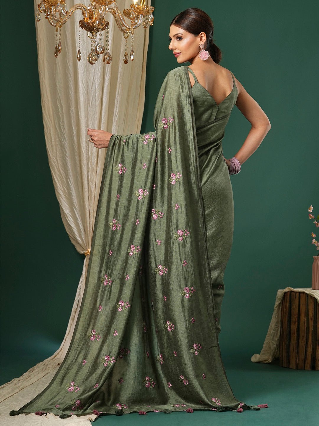 Olive Green Embroidered Party Wear Saree - Ressa