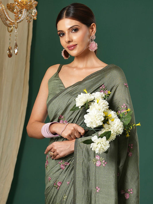 Olive Green Embroidered Party Wear Saree - Ressa