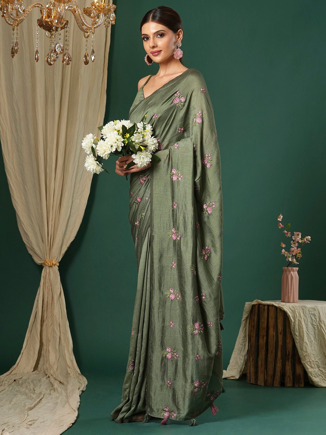 Olive Green Embroidered Party Wear Saree - Ressa