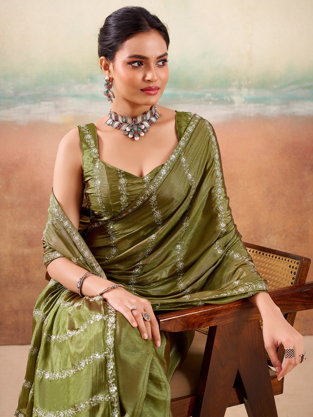 Olive Green Embroidered Silk Saree - Ressa